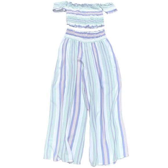 Kiwi & Punch Two Piece Set Pant Set Crop Top Stripe White Purple Green NEW Large - Picture 11 of 13
